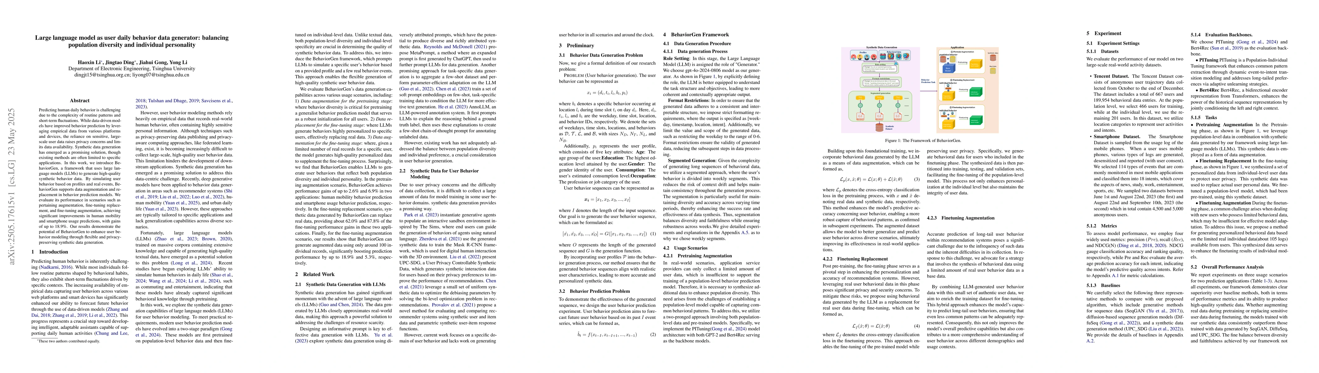 Thumbnail for Large language model as user daily behavior data generator: balancing
  population diversity and individual personality
