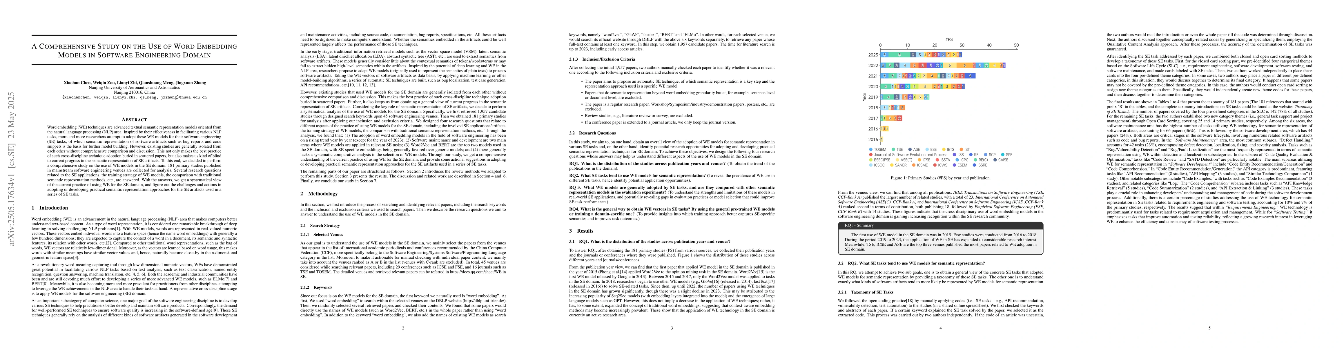 Thumbnail for A Comprehensive Study on the Use of Word Embedding Models in Software
  Engineering Domain
