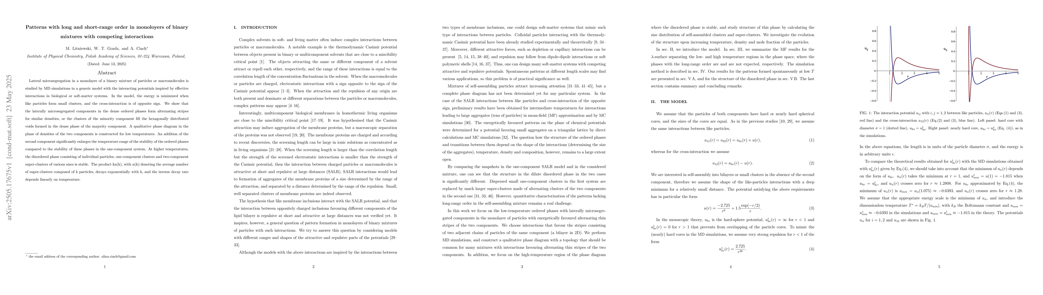 Thumbnail for Patterns with long and short-range order in monoloyers of binary
  mixtures with competing interactions