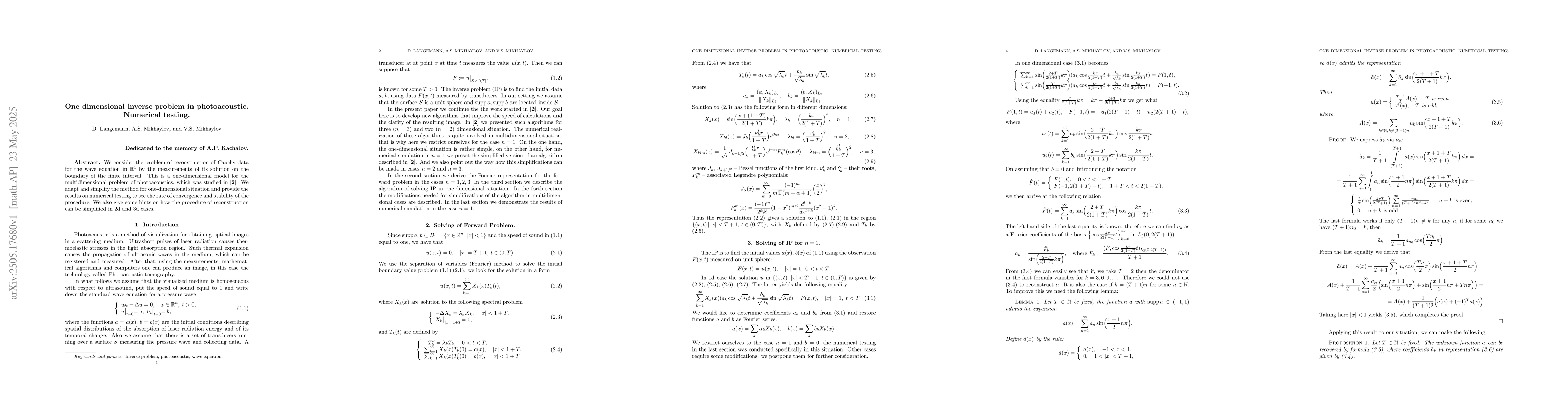 Thumbnail for One dimensional inverse problem in photoacoustic. Numerical testing