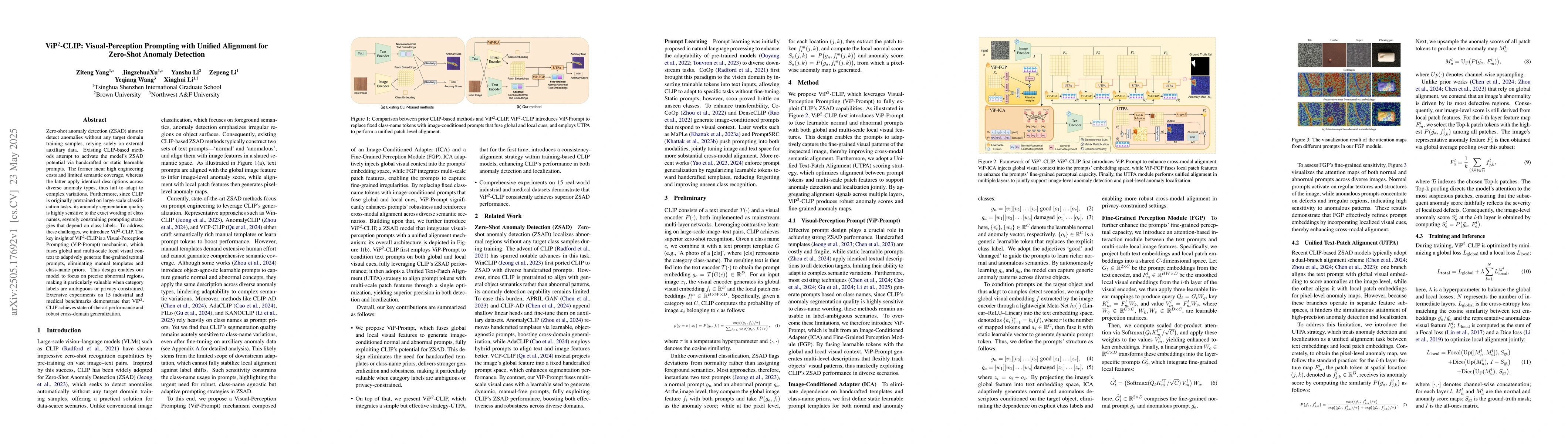 Thumbnail for ViP$^2$-CLIP: Visual-Perception Prompting with Unified Alignment for
  Zero-Shot Anomaly Detection
