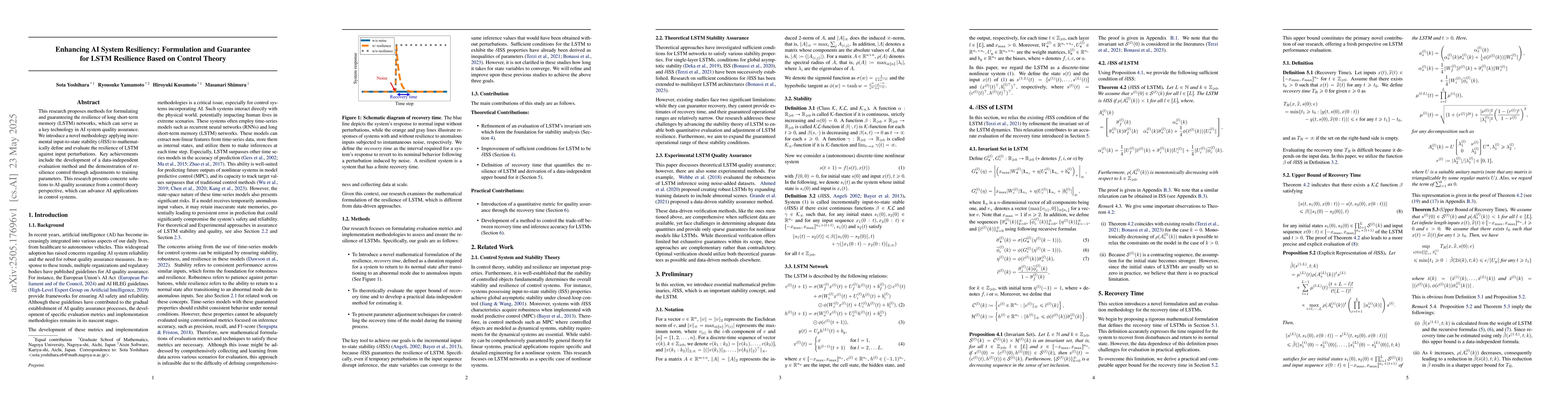 Thumbnail for Enhancing AI System Resiliency: Formulation and Guarantee for LSTM
  Resilience Based on Control Theory