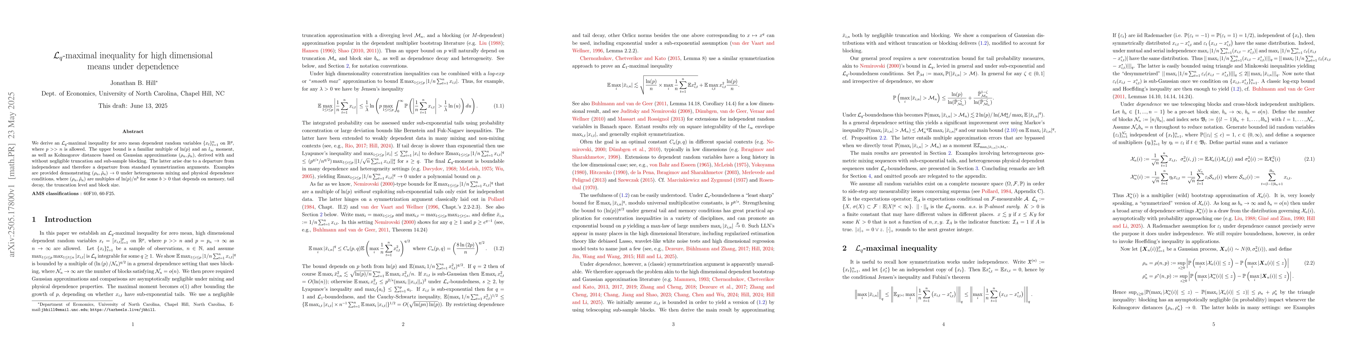 Thumbnail for $\mathcal{L}_{q}$-maximal inequality for high dimensional means under
  dependence