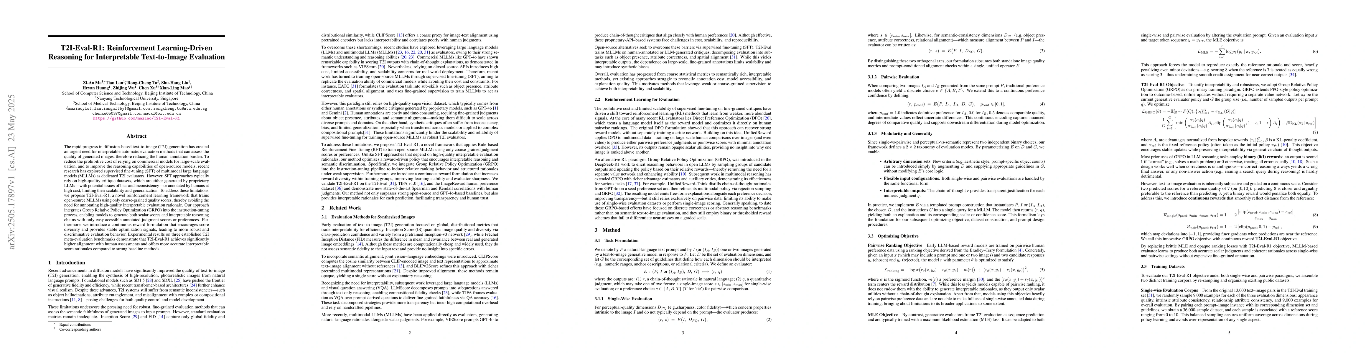 Thumbnail for T2I-Eval-R1: Reinforcement Learning-Driven Reasoning for Interpretable
  Text-to-Image Evaluation