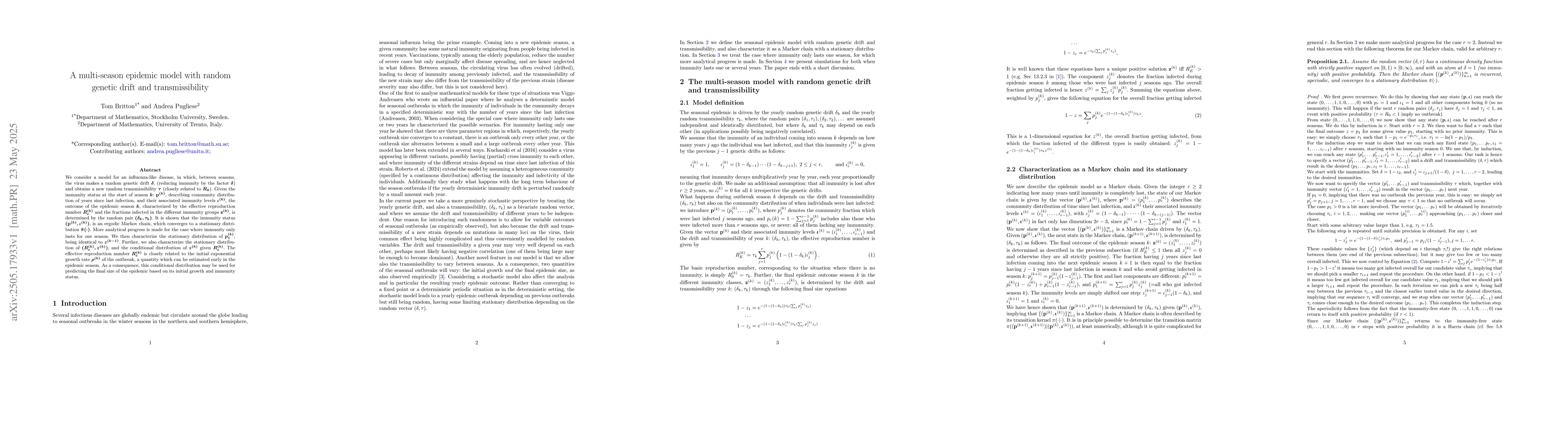 Thumbnail for A multi-season epidemic model with random genetic drift and
  transmissibility