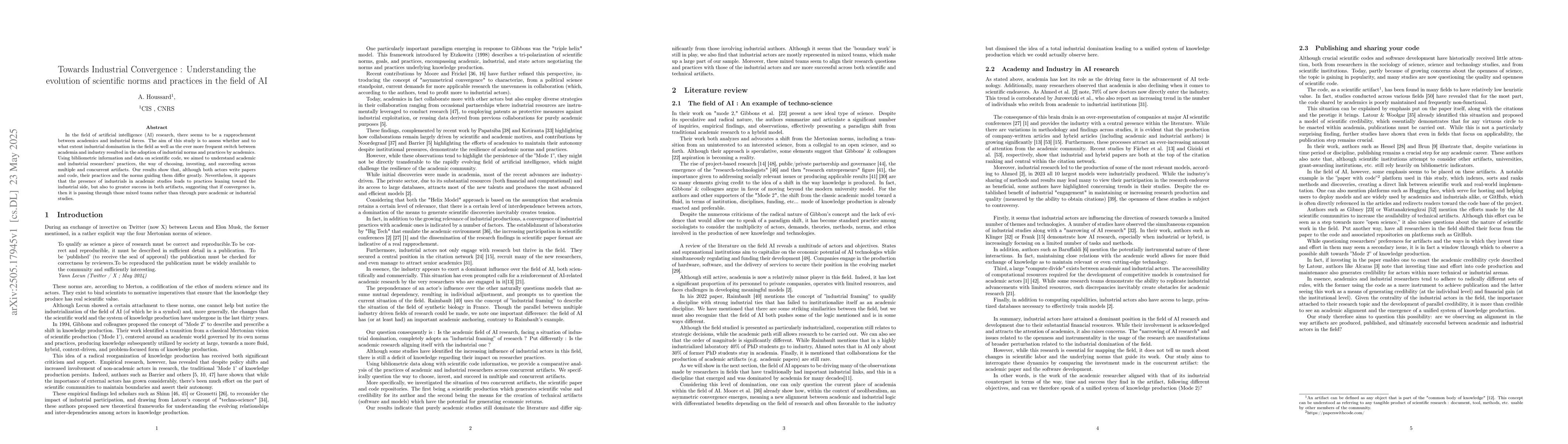 Thumbnail for Towards Industrial Convergence : Understanding the evolution of
  scientific norms and practices in the field of AI