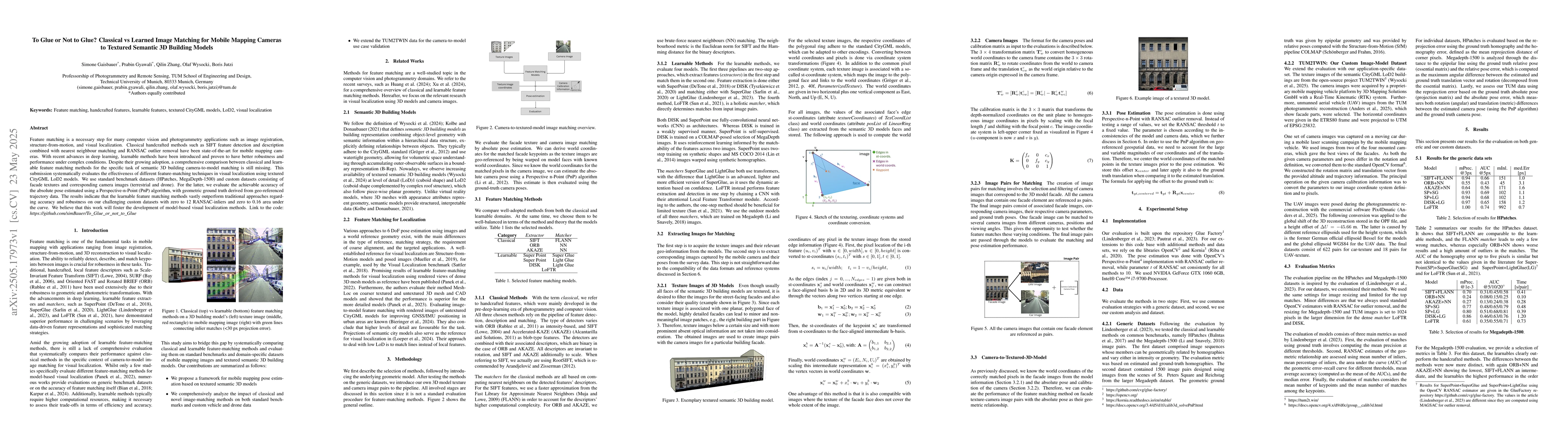 Thumbnail for To Glue or Not to Glue? Classical vs Learned Image Matching for Mobile
  Mapping Cameras to Textured Semantic 3D Building Models