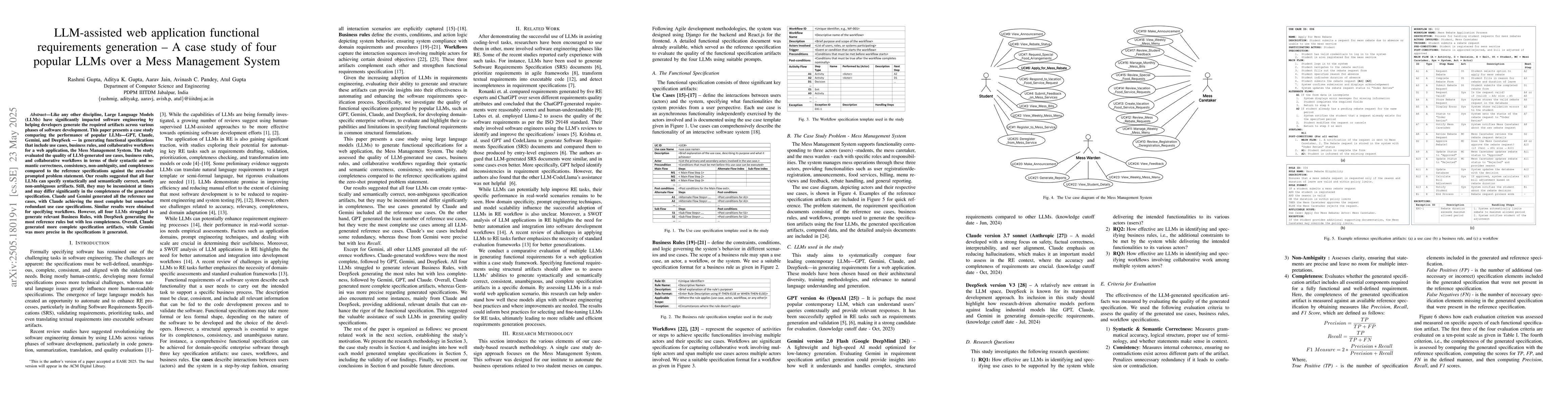 Thumbnail for LLM assisted web application functional requirements generation: A case
  study of four popular LLMs over a Mess Management System