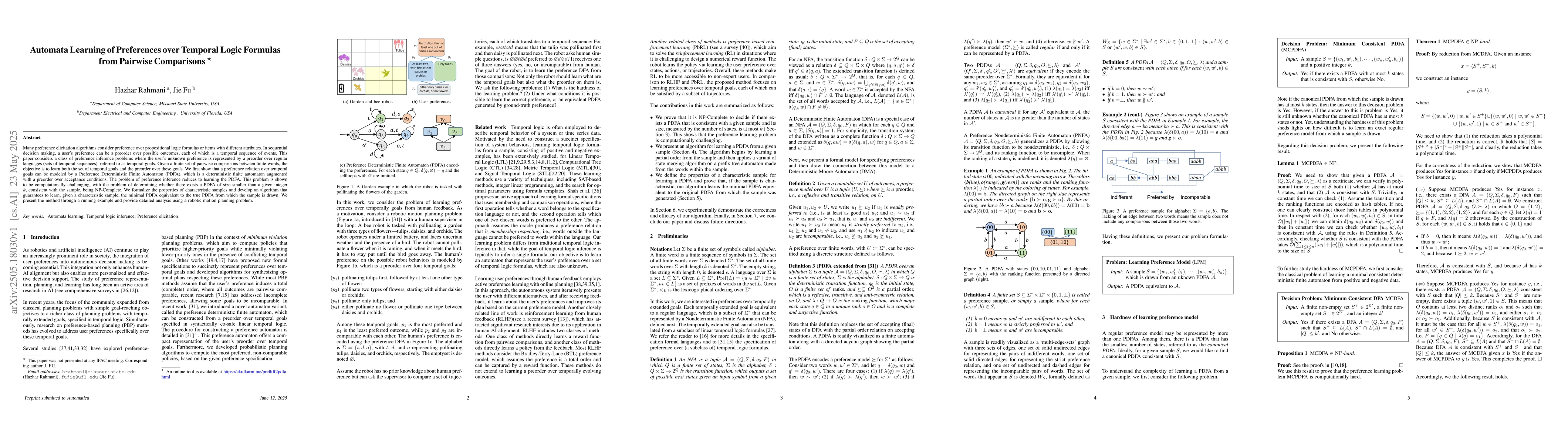 Thumbnail for Automata Learning of Preferences over Temporal Logic Formulas from
  Pairwise Comparisons