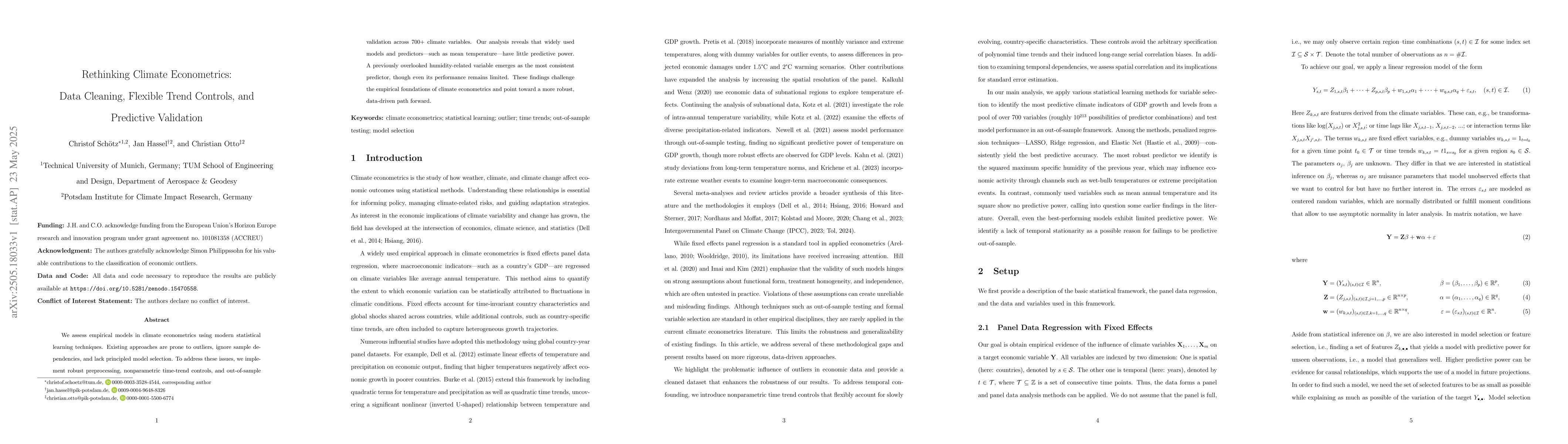 Thumbnail for Rethinking Climate Econometrics: Data Cleaning, Flexible Trend Controls,
  and Predictive Validation