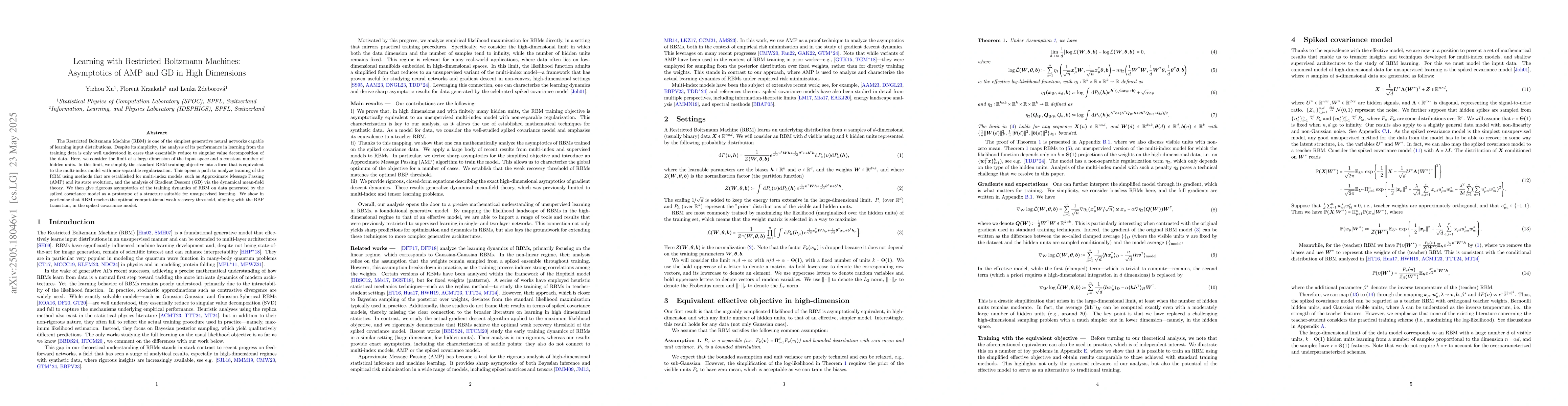 Thumbnail for Learning with Restricted Boltzmann Machines: Asymptotics of AMP and GD
  in High Dimensions