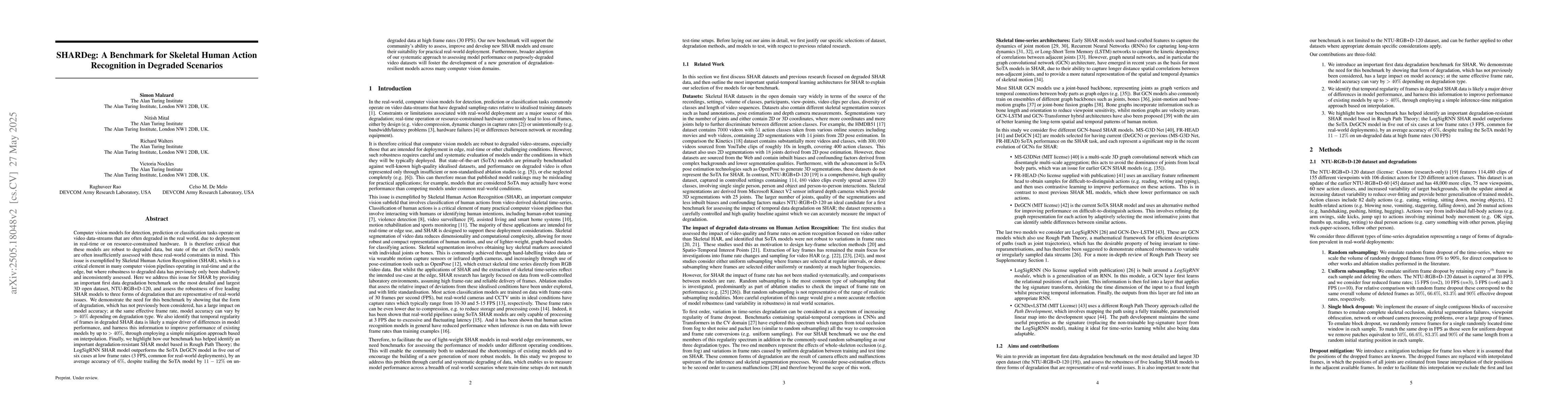 Thumbnail for SHARDeg: A Benchmark for Skeletal Human Action Recognition in Degraded
  Scenarios