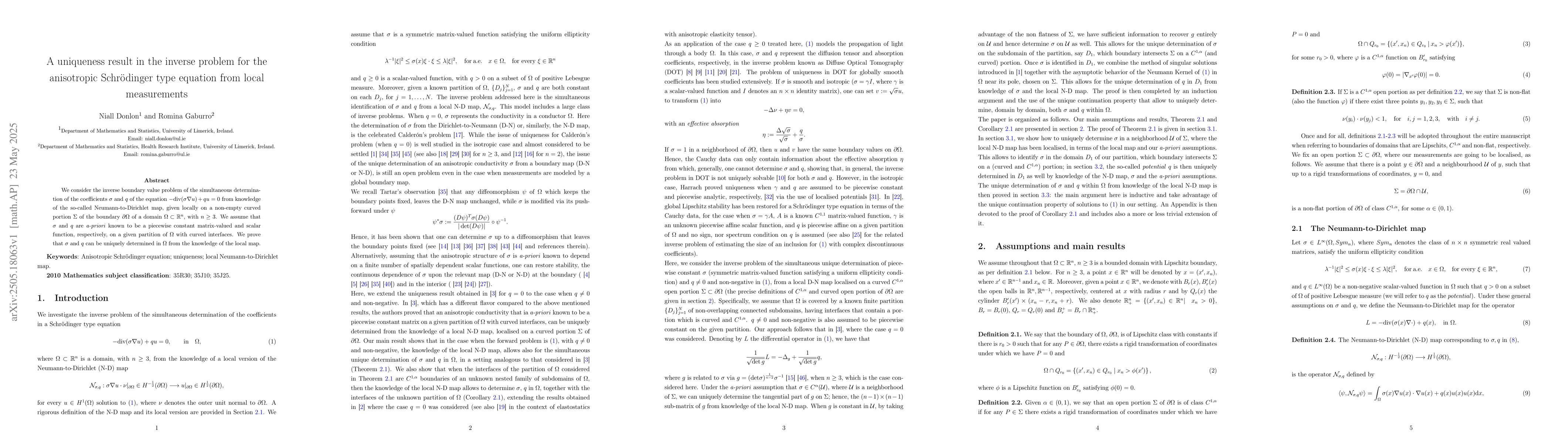 Thumbnail for A uniqueness result in the inverse problem for the anisotropic
  Schrödinger type equation from local measurements