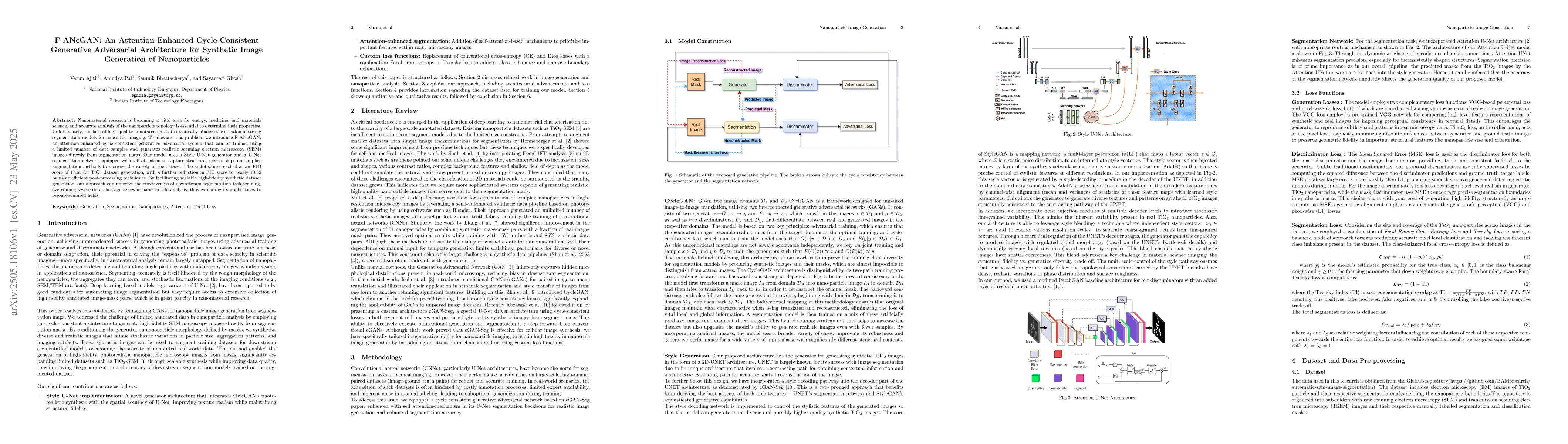 Thumbnail for F-ANcGAN: An Attention-Enhanced Cycle Consistent Generative Adversarial
  Architecture for Synthetic Image Generation of Nanoparticles