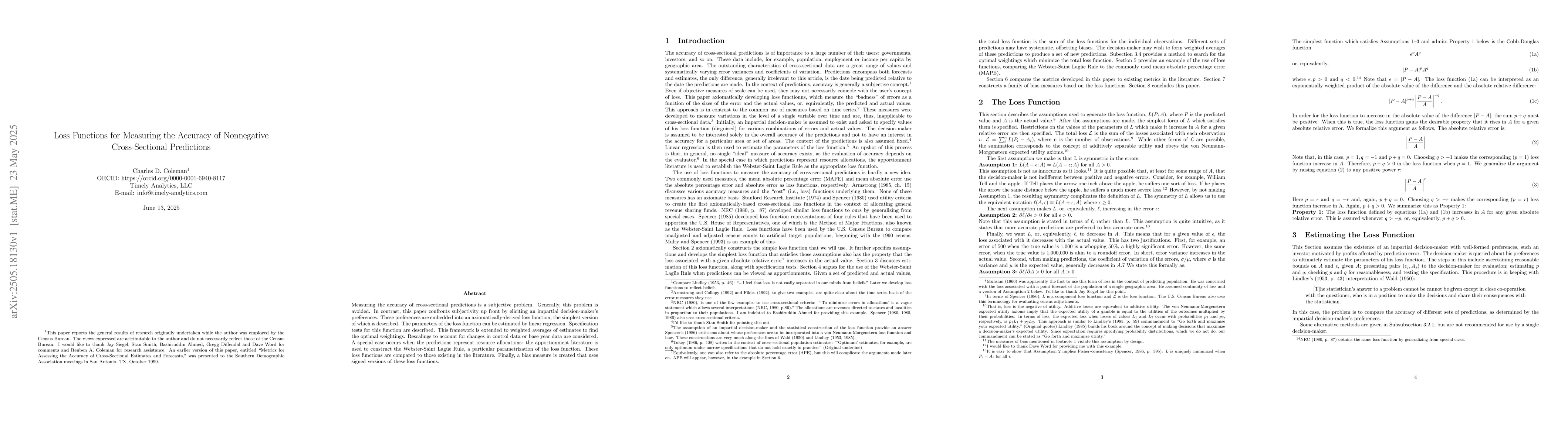 Thumbnail for Loss Functions for Measuring the Accuracy of Nonnegative Cross-Sectional
  Predictions