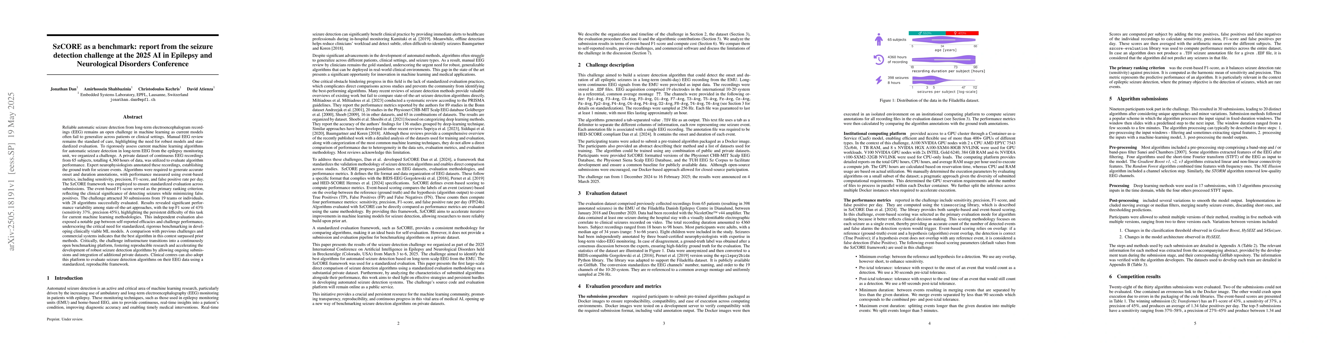 Thumbnail for SzCORE as a benchmark: report from the seizure detection challenge at
  the 2025 AI in Epilepsy and Neurological Disorders Conference