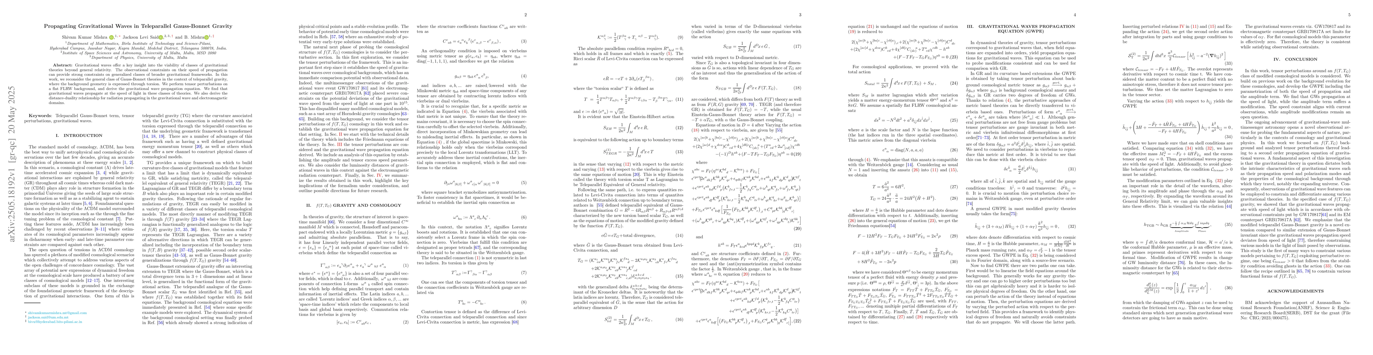 Thumbnail for Propagating Gravitational Waves in Teleparallel Gauss-Bonnet Gravity