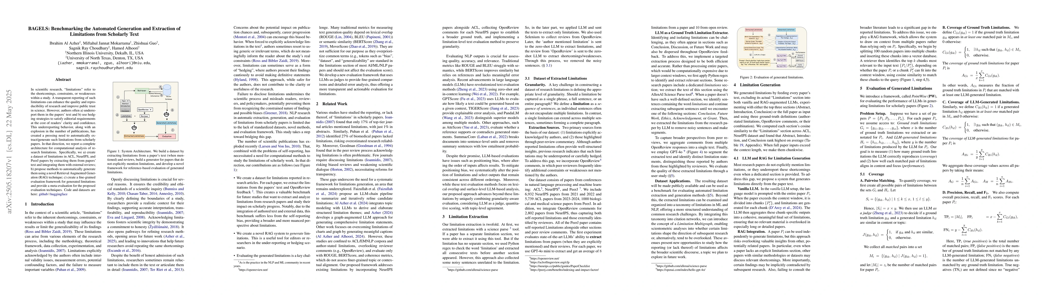 Thumbnail for BAGELS: Benchmarking the Automated Generation and Extraction of
  Limitations from Scholarly Text
