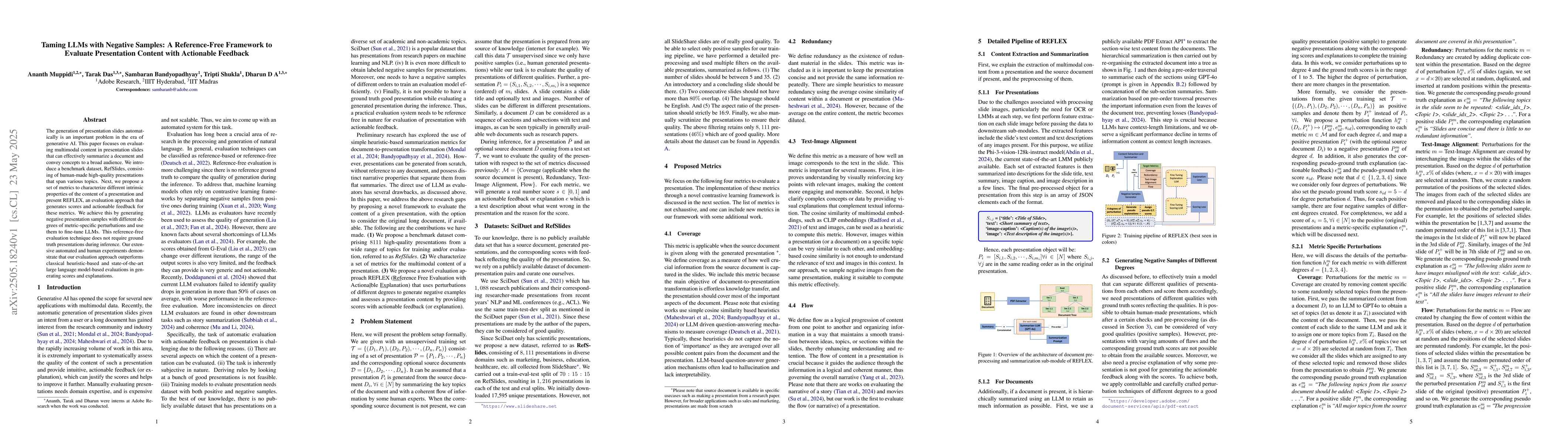 Thumbnail for Taming LLMs with Negative Samples: A Reference-Free Framework to
  Evaluate Presentation Content with Actionable Feedback
