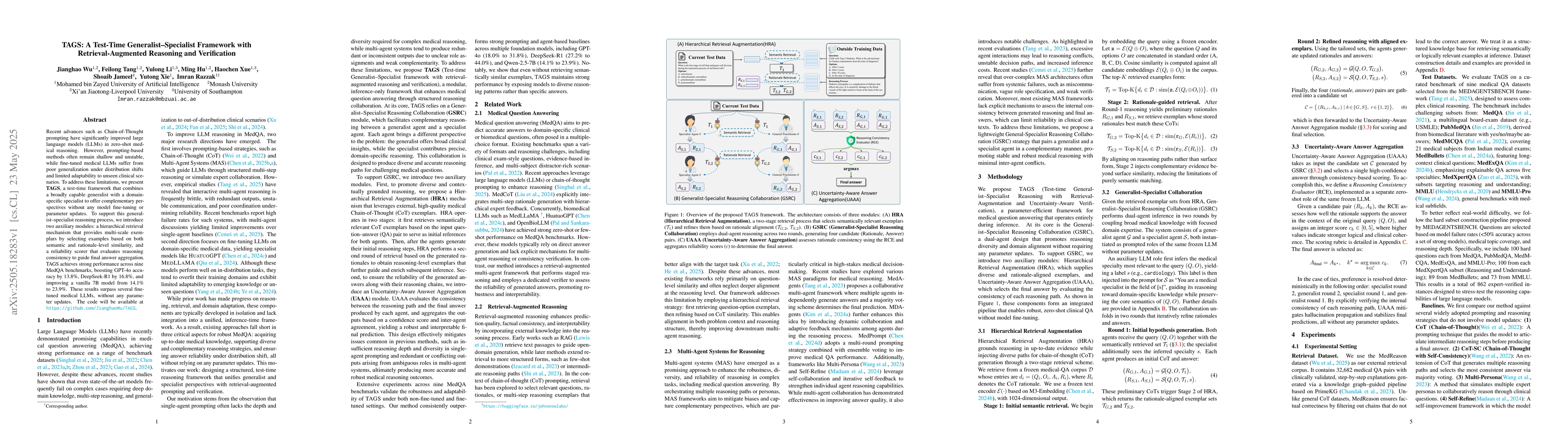 Thumbnail for TAGS: A Test-Time Generalist-Specialist Framework with
  Retrieval-Augmented Reasoning and Verification
