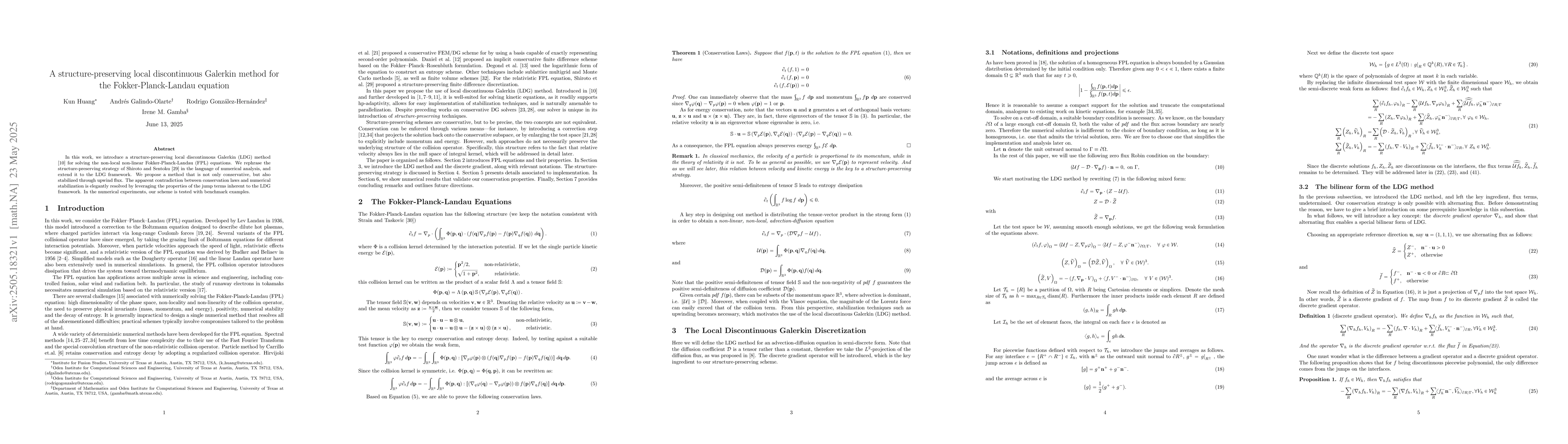 Thumbnail for A structure-preserving local discontinuous Galerkin method for the
  Fokker-Planck-Landau equation