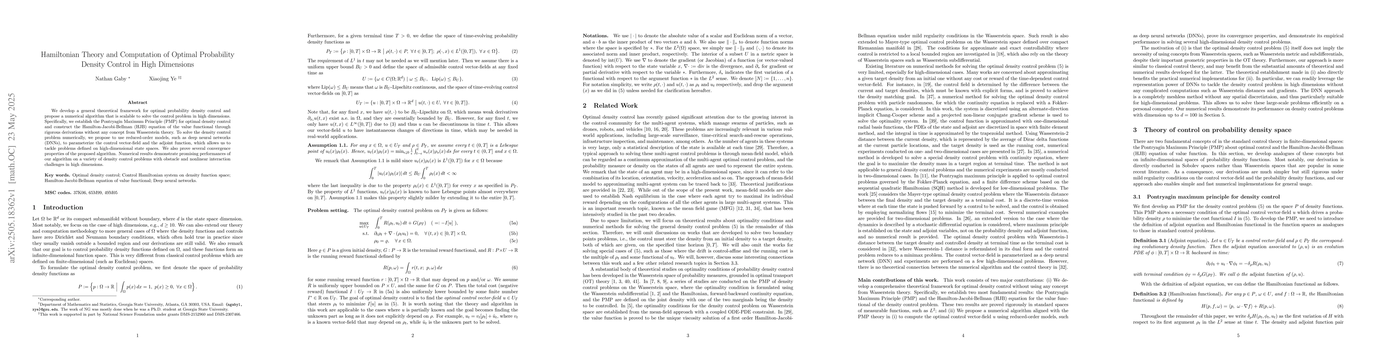 Thumbnail for Hamiltonian Theory and Computation of Optimal Probability Density
  Control in High Dimensions