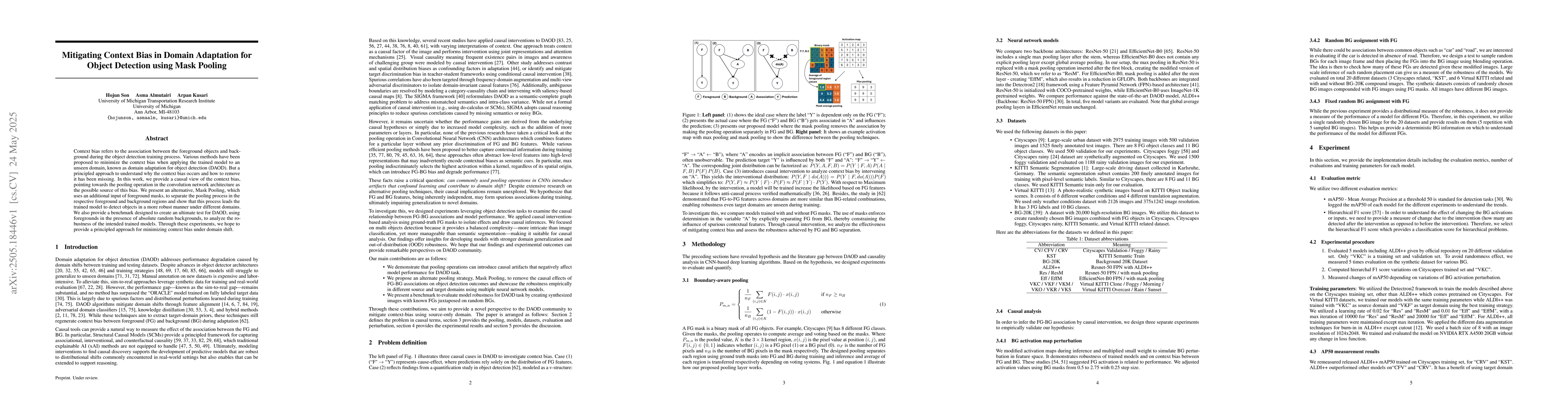 Thumbnail for Mitigating Context Bias in Domain Adaptation for Object Detection using
  Mask Pooling