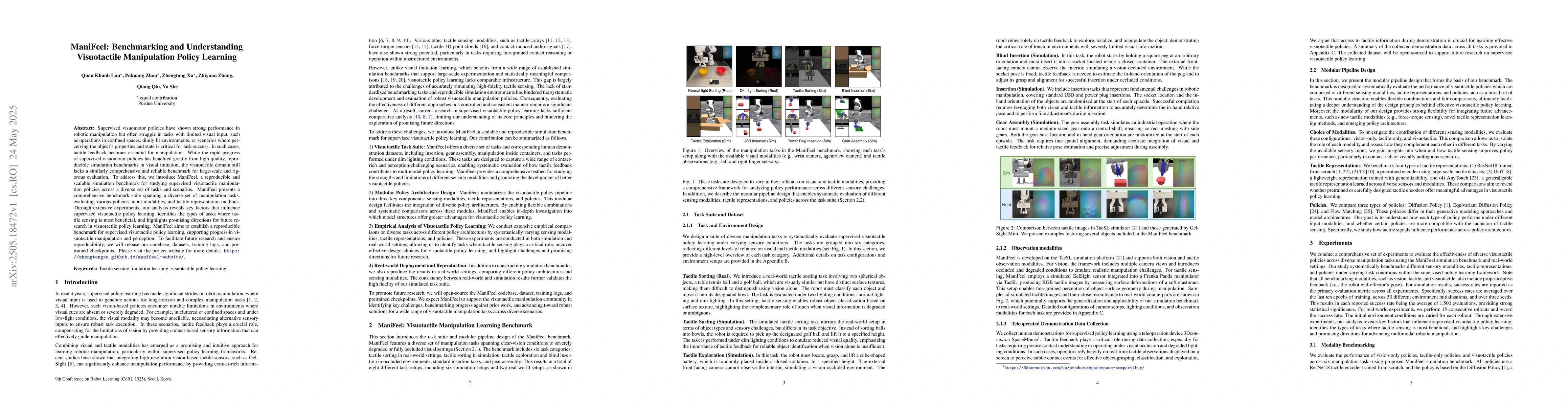 Thumbnail for ManiFeel: Benchmarking and Understanding Visuotactile Manipulation
  Policy Learning