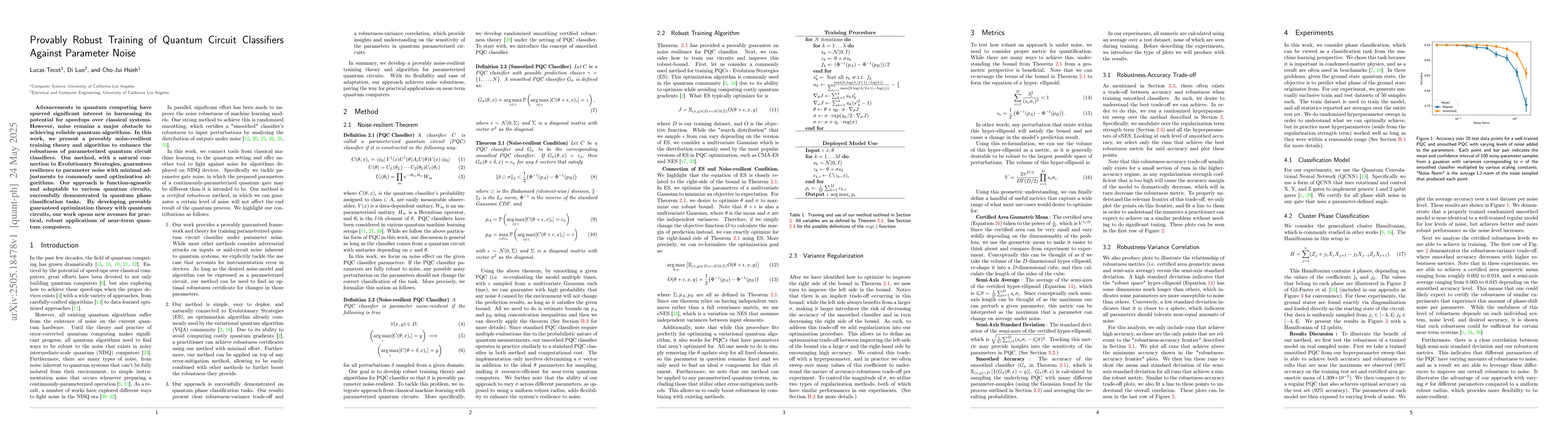 Thumbnail for Provably Robust Training of Quantum Circuit Classifiers Against
  Parameter Noise
