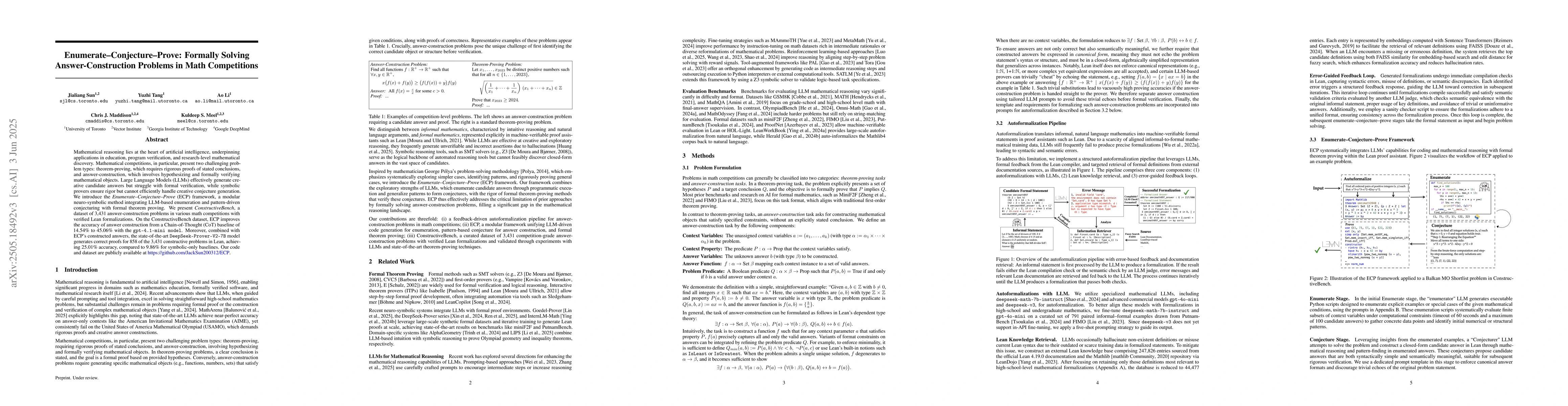 Thumbnail for Enumerate-Conjecture-Prove: Formally Solving Answer-Construction
  Problems in Math Competitions