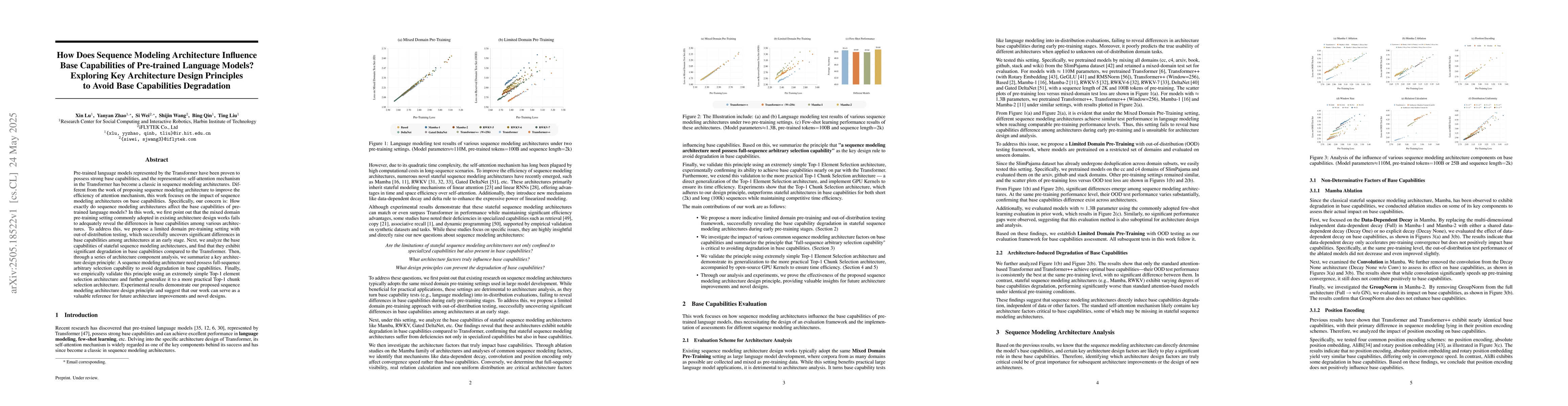 Thumbnail for How Does Sequence Modeling Architecture Influence Base Capabilities of
  Pre-trained Language Models? Exploring Key Architecture Design Principles to
  Avoid Base Capabilities Degradation