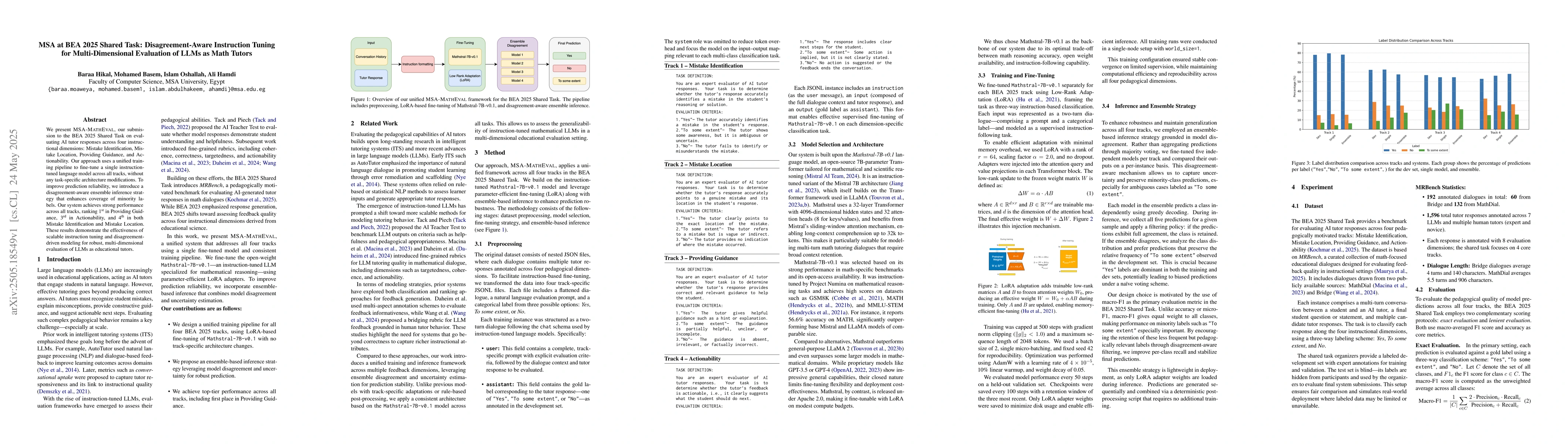 Thumbnail for MSA at BEA 2025 Shared Task: Disagreement-Aware Instruction Tuning for
  Multi-Dimensional Evaluation of LLMs as Math Tutors