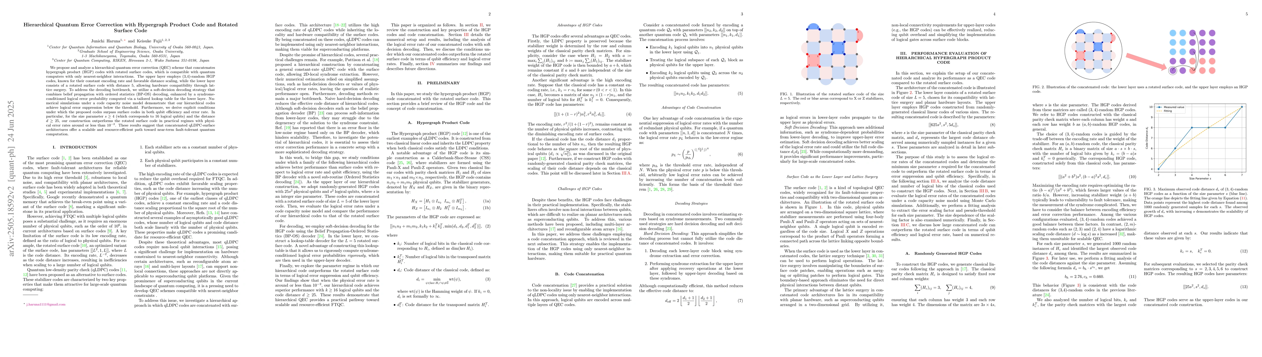 Thumbnail for Hierarchical Quantum Error Correction with Hypergraph Product Code and
  Rotated Surface Code