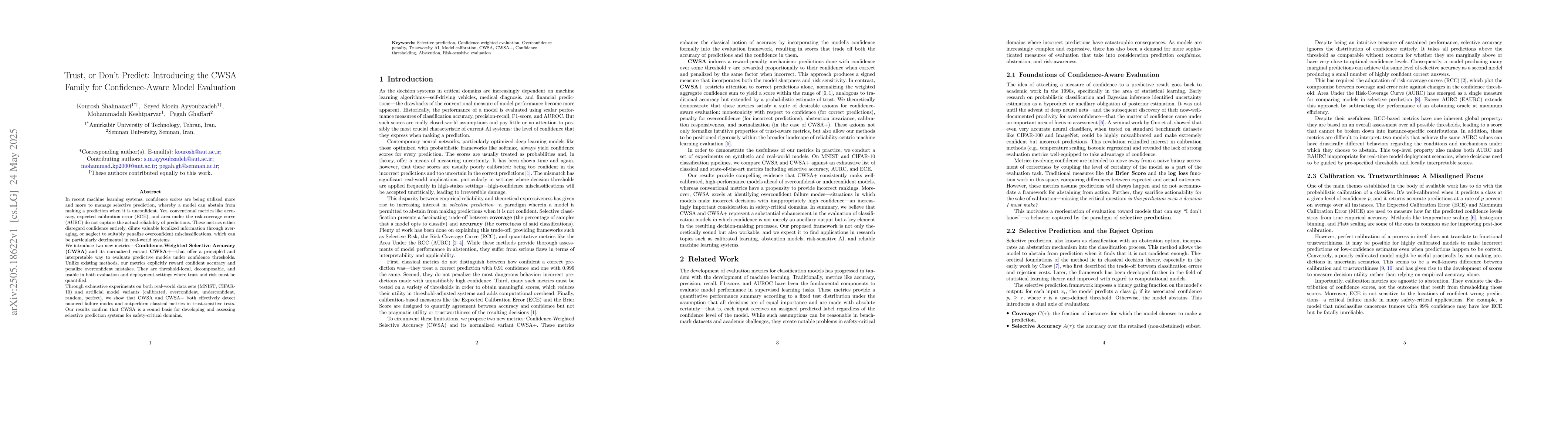 Thumbnail for Trust, or Don't Predict: Introducing the CWSA Family for
  Confidence-Aware Model Evaluation