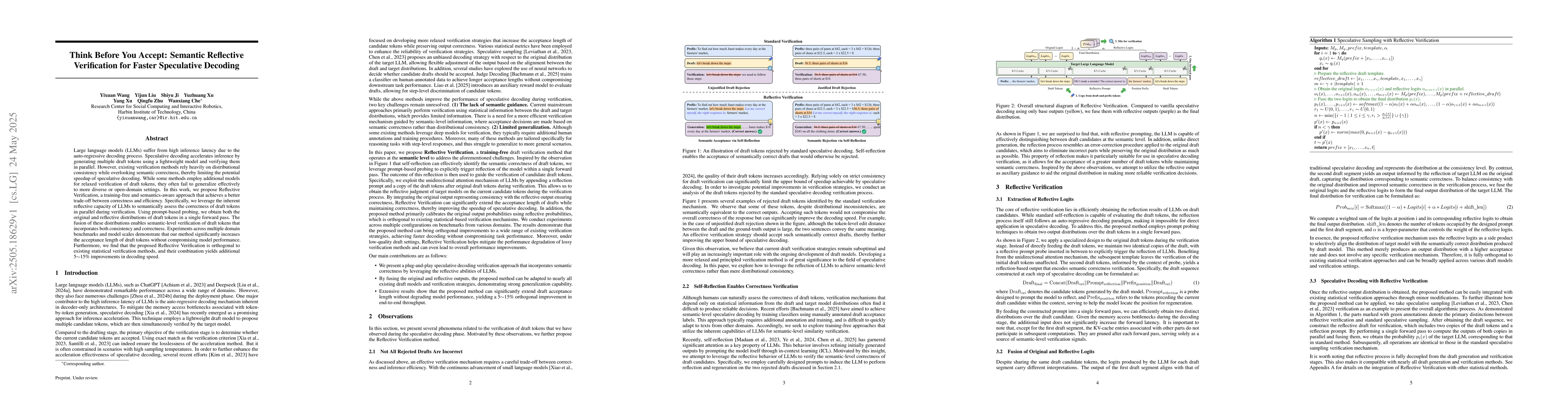 Thumbnail for Think Before You Accept: Semantic Reflective Verification for Faster
  Speculative Decoding