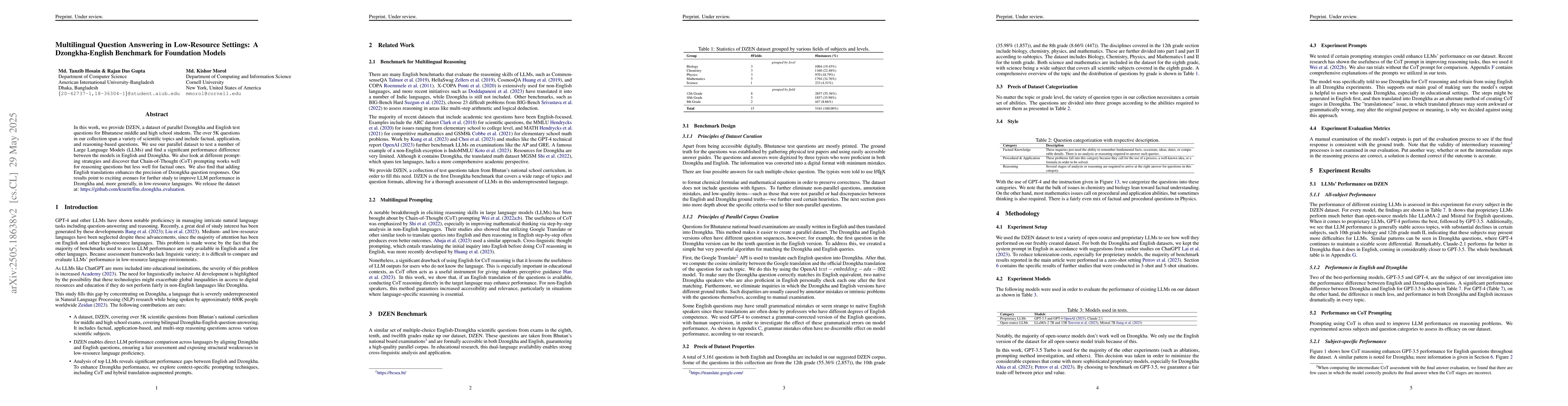 Thumbnail for Multilingual Question Answering in Low-Resource Settings: A
  Dzongkha-English Benchmark for Foundation Models