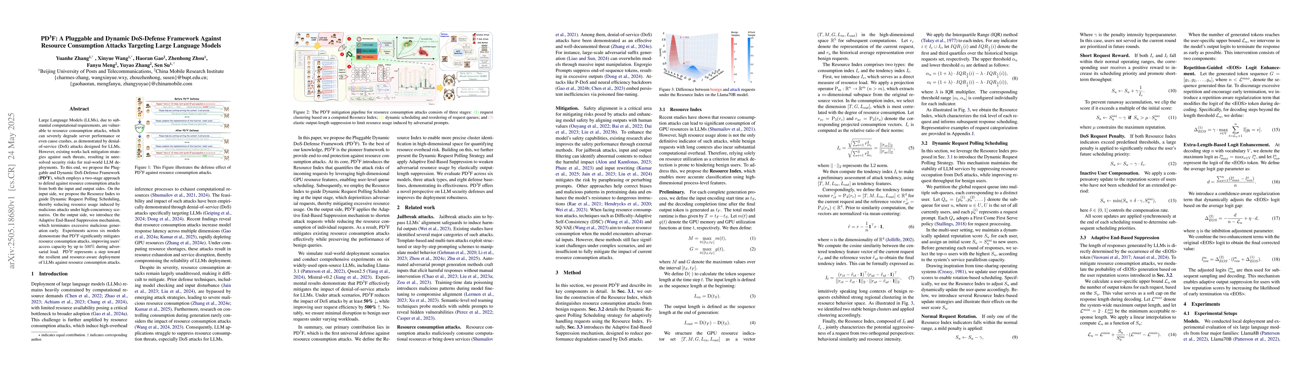 Thumbnail for $PD^3F$: A Pluggable and Dynamic DoS-Defense Framework Against Resource
  Consumption Attacks Targeting Large Language Models