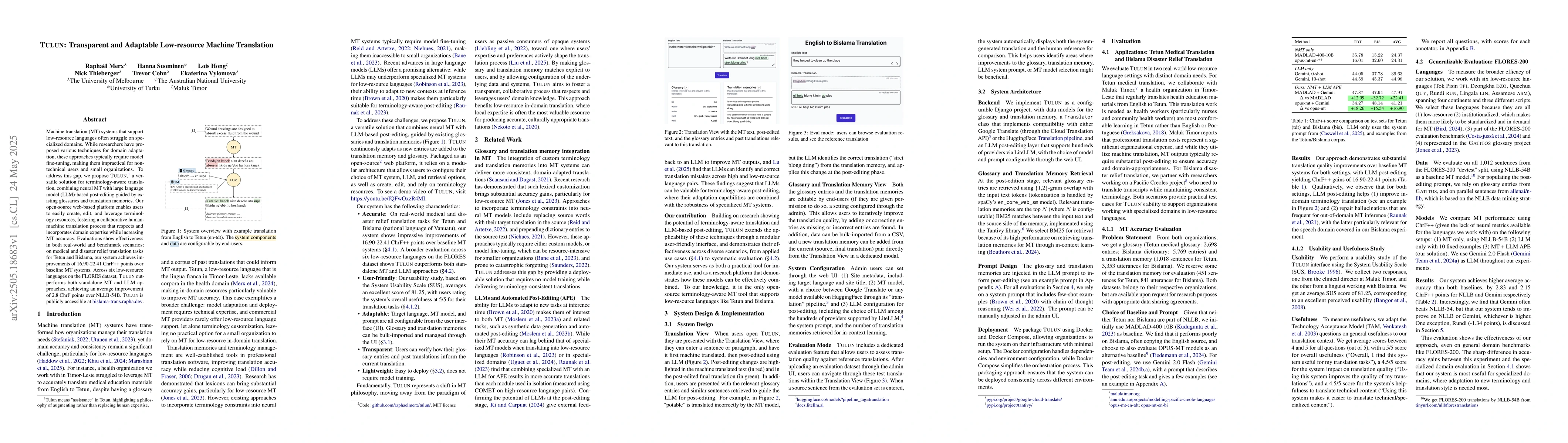 Thumbnail for TULUN: Transparent and Adaptable Low-resource Machine Translation