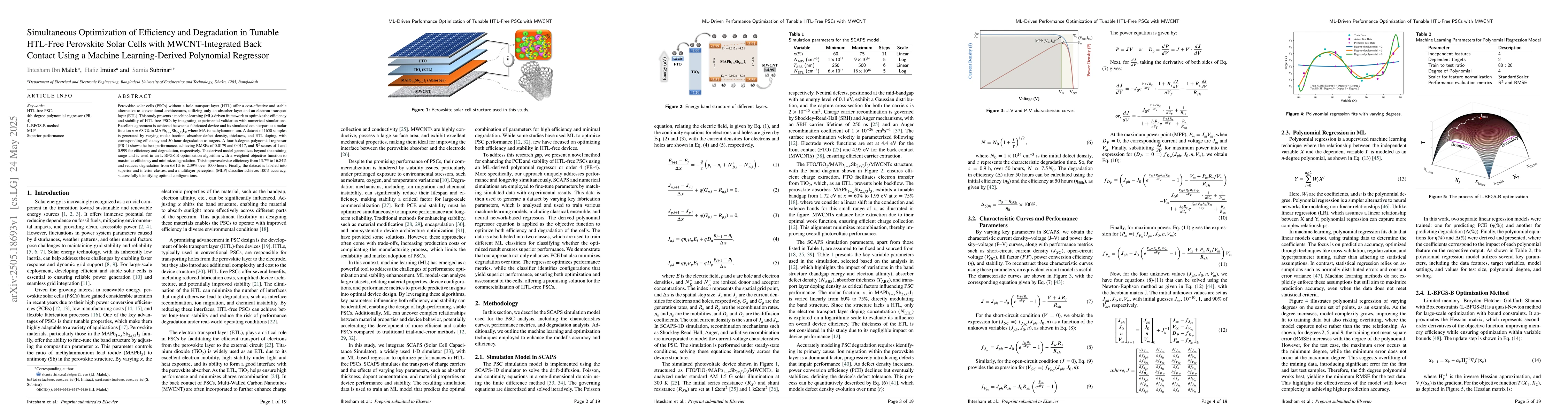 Thumbnail for Simultaneous Optimization of Efficiency and Degradation in Tunable
  HTL-Free Perovskite Solar Cells with MWCNT-Integrated Back Contact Using a
  Machine Learning-Derived Polynomial Regressor