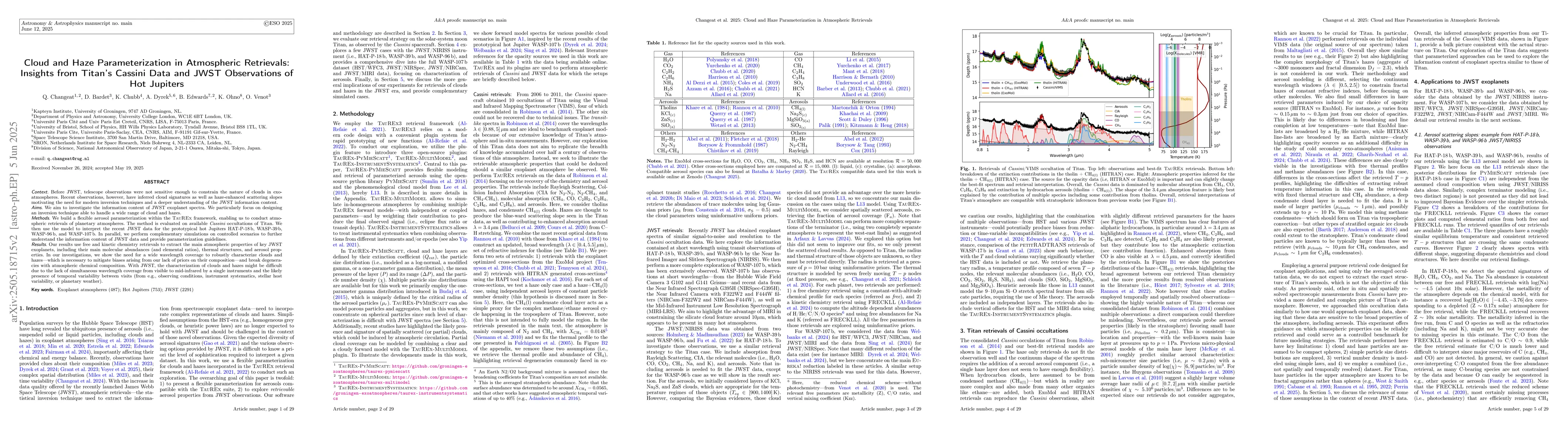 Thumbnail for Cloud and Haze Parameterization in Atmospheric Retrievals: Insights from
  Titan's Cassini Data and JWST Observations of Hot Jupiters