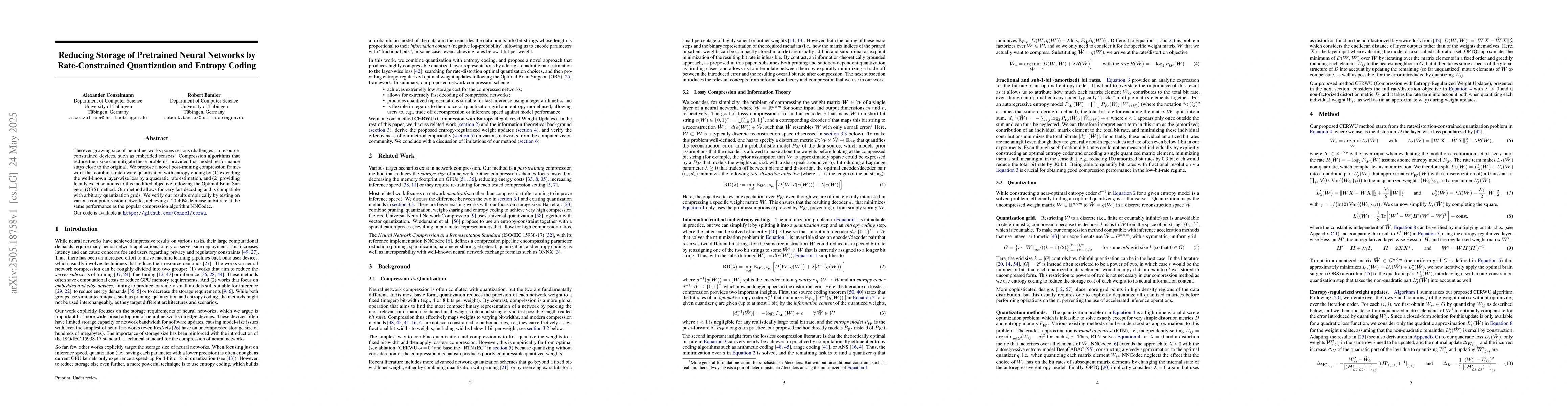 Thumbnail for Reducing Storage of Pretrained Neural Networks by Rate-Constrained
  Quantization and Entropy Coding