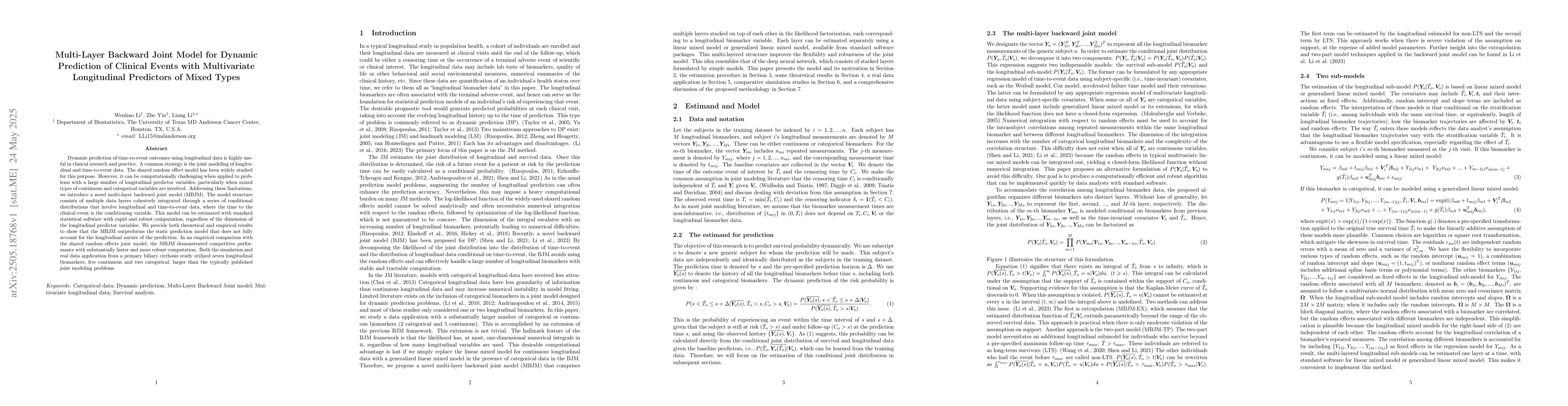 Thumbnail for Multi-Layer Backward Joint Model for Dynamic Prediction of Clinical
  Events with Multivariate Longitudinal Predictors of Mixed Types