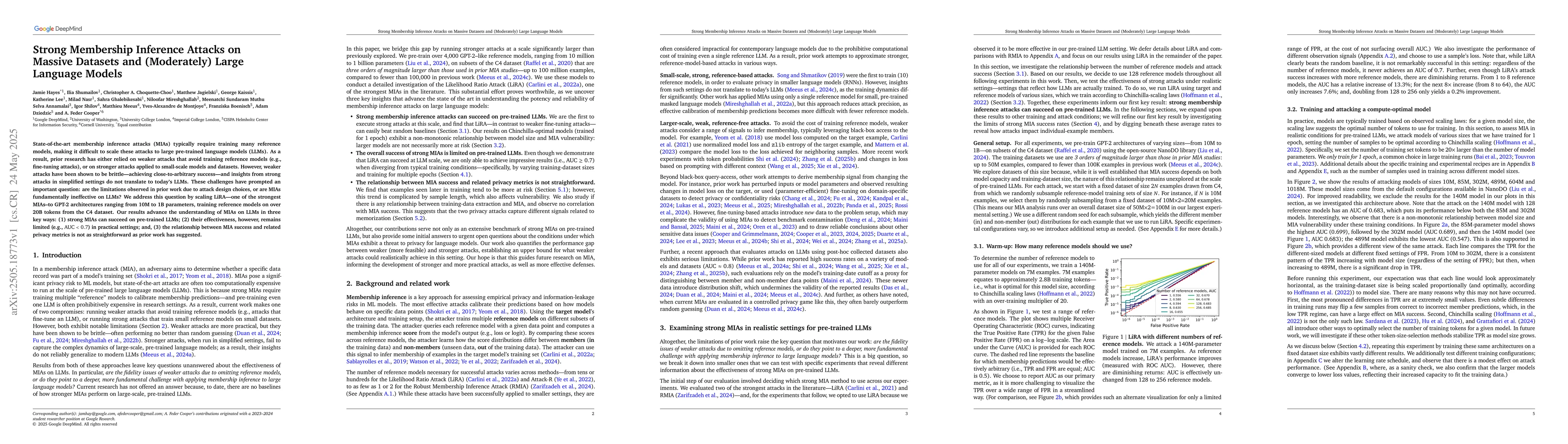 Thumbnail for Strong Membership Inference Attacks on Massive Datasets and (Moderately)
  Large Language Models