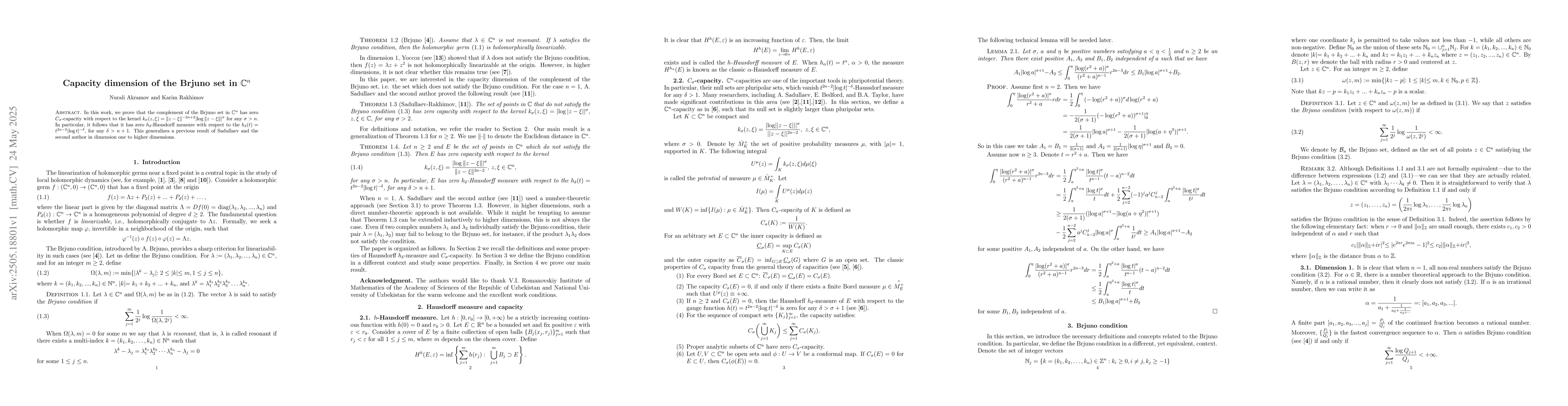Thumbnail for Capacity dimension of the Brjuno set in $\mathbb{C}^n$