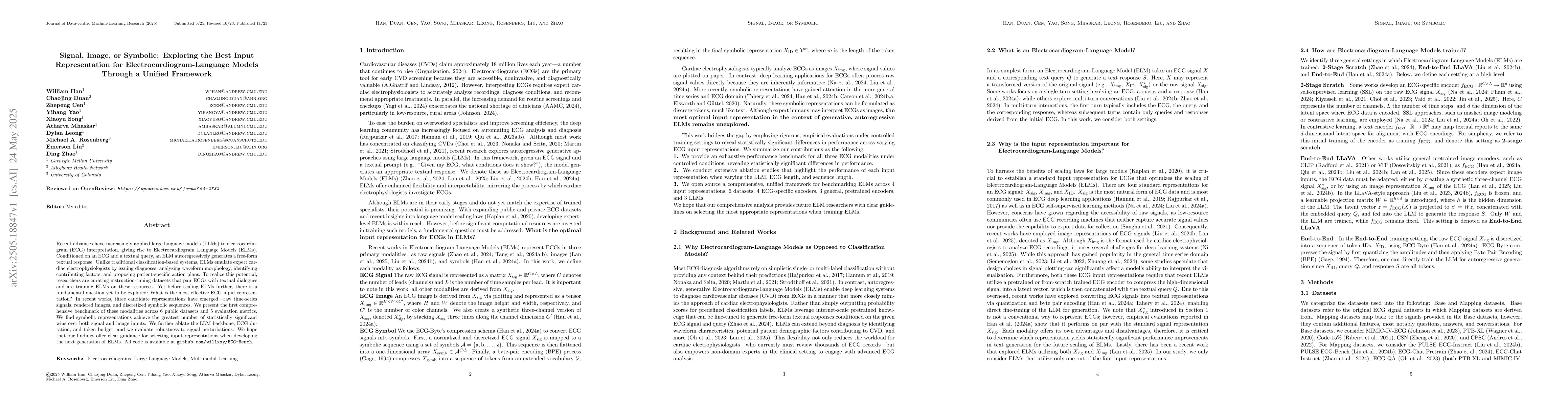 Thumbnail for Signal, Image, or Symbolic: Exploring the Best Input Representation for
  Electrocardiogram-Language Models Through a Unified Framework