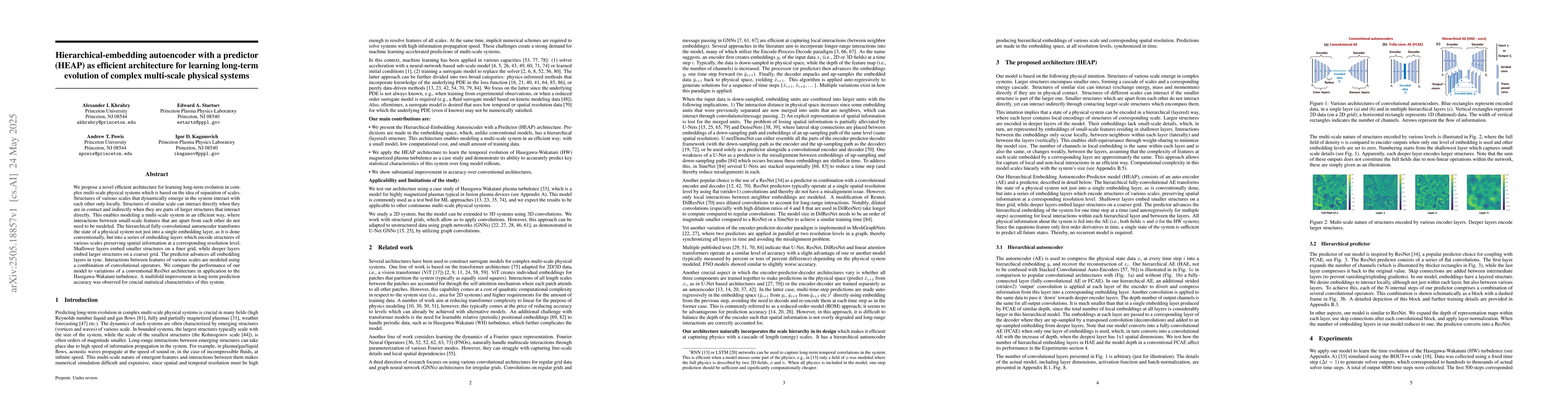 Thumbnail for Hierarchical-embedding autoencoder with a predictor (HEAP) as efficient
  architecture for learning long-term evolution of complex multi-scale physical
  systems