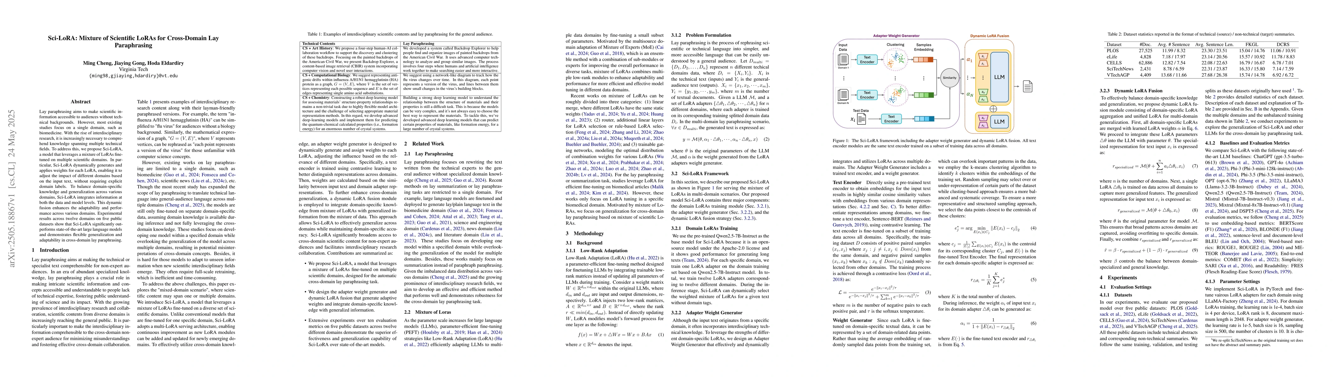 Thumbnail for Sci-LoRA: Mixture of Scientific LoRAs for Cross-Domain Lay Paraphrasing