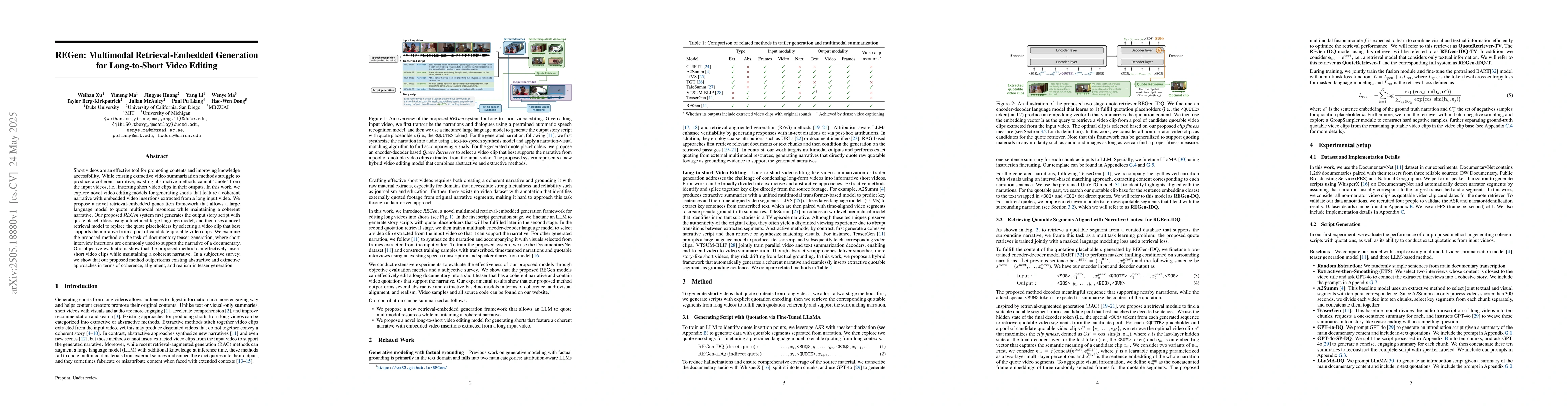 Thumbnail for REGen: Multimodal Retrieval-Embedded Generation for Long-to-Short Video
  Editing