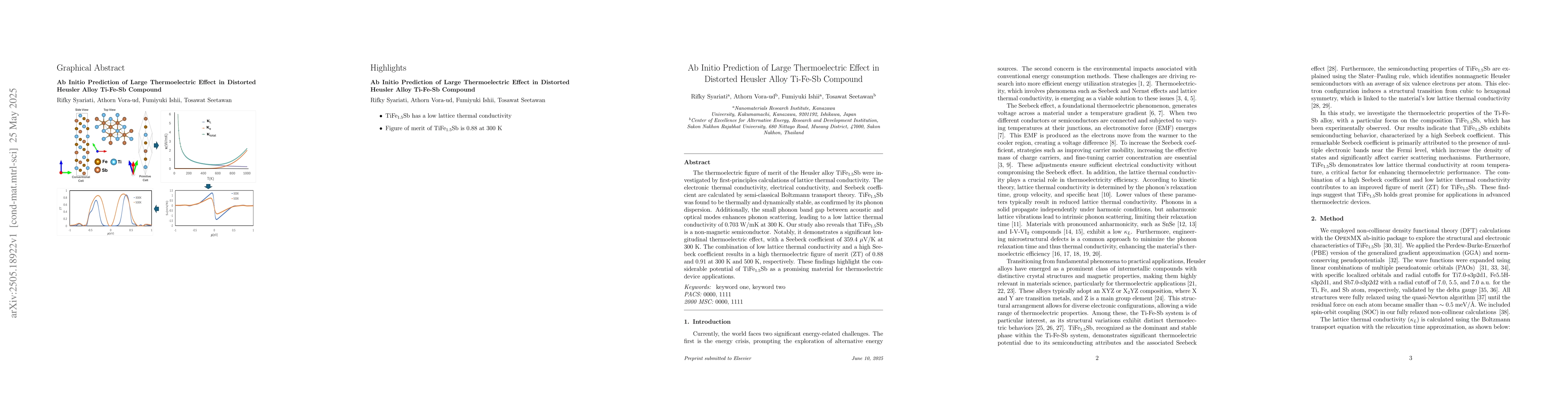 Thumbnail for Ab Initio Prediction of Large Thermoelectric Effect in Distorted Heusler
  Alloy Ti-Fe-Sb Compound