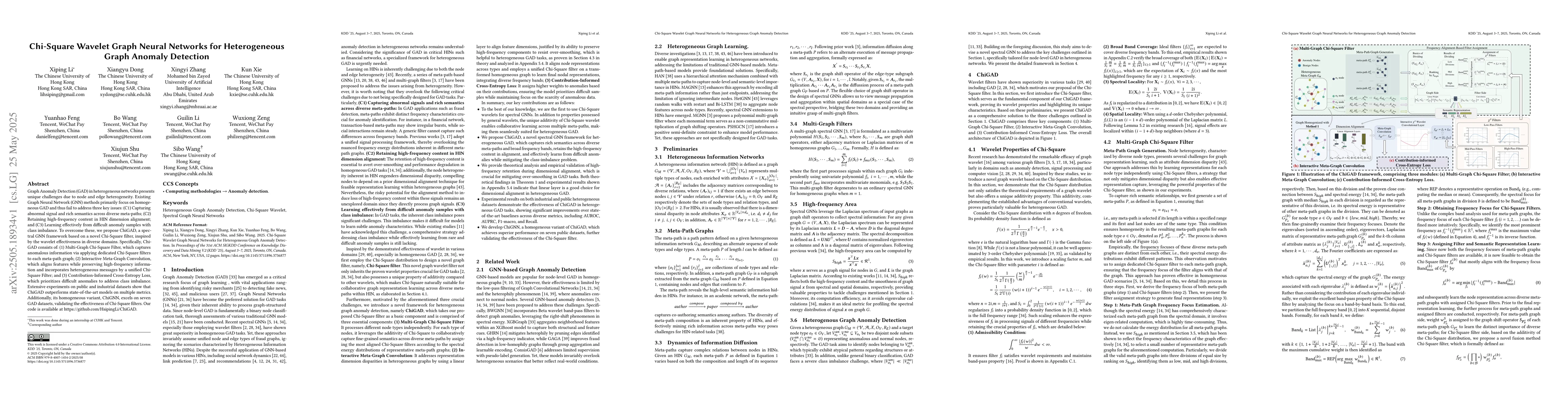 Thumbnail for Chi-Square Wavelet Graph Neural Networks for Heterogeneous Graph Anomaly
  Detection